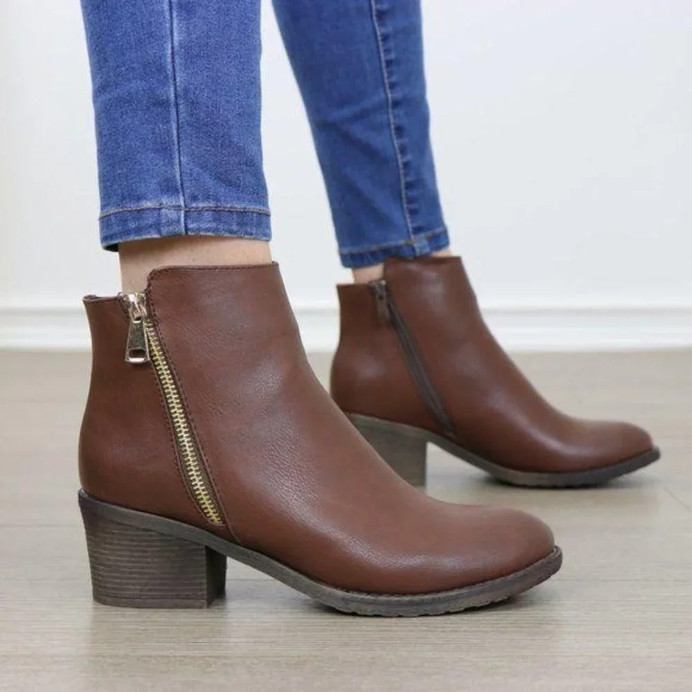 Brown Faux Leather Ankle Boots W/ Gold Zipper Block Heel - Picture 3 of 8